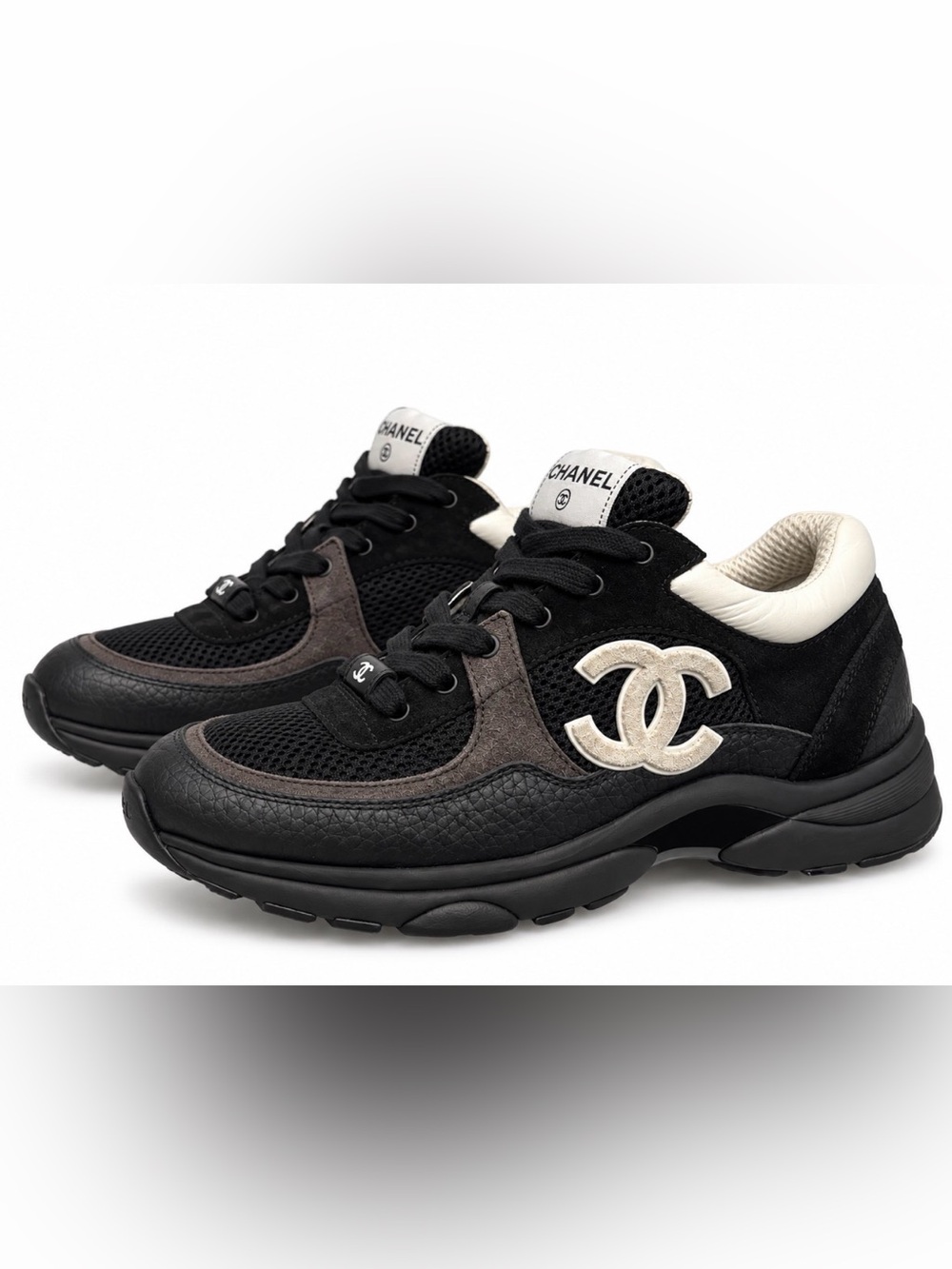 Authentic Chanel CC Mesh & Suede Calfskin Sneakers Black/White Size 38 (With Box